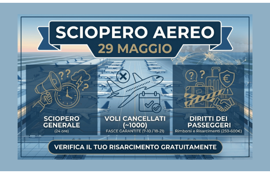 Sciopero aereo 29 maggio 2026: oltre 1000 voli a rischio, fasce garantite e rimborsi